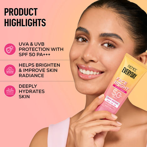 Renee Everyday Face Bright Brightening Sunscreen SPF 50, PA+++ With  Niacinamide, Hyaluronic Acid & Glutathione | Broad Spectrum UVA & UVB  Protection | Brightens, Hydrates & Protects Skin | 50 ml