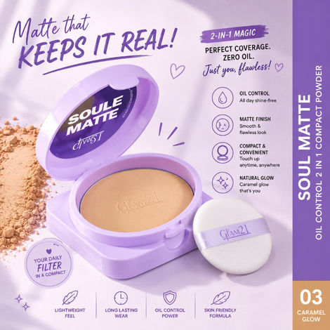 Buy Glam 21 Soul Matte Oil Control 2 in 1 Compact Powder | Matte & Shimmer Shades | Air Light Formula & Stay Upto 10 hrs | Rich With Hyaluronic Acid, Squalane & Mango Butter |SPF20 |18 gm- Caramel Glow 03-Purplle
