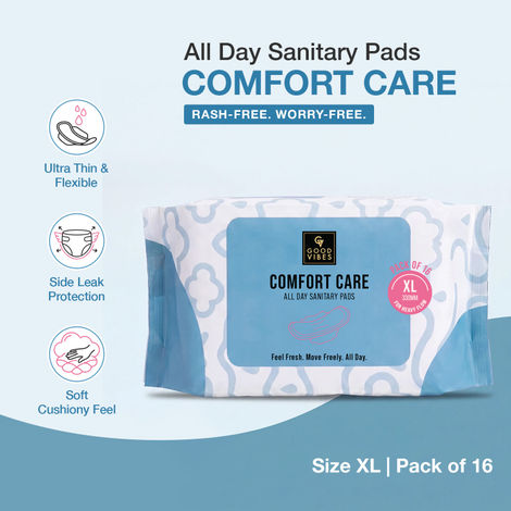 Buy Good Vibes Comfort Care All Day Sanitary Pads | Ultra Thin & Flexible | Cottony Soft Topsheet | Rash-Free & Breathable | Side Leak Protection | Perfume-Free Pads for Women | Heavy Flow | Size XL | Pack of 16-Purplle