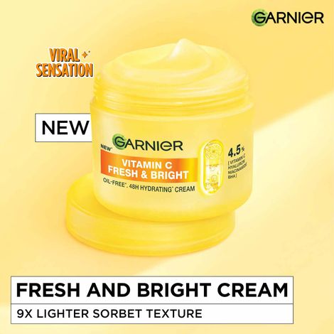 Buy Garnier Fresh & Bright Vitamin C Sorbet Moisturizer Cream, 4.5% Vitamin C + Hyaluronic Acid + Niacinamide + BHA, 9x Lighter Sorbet Texture, For Hydration & Dark Spot Reduction, Suitable for Oily to Normal and Combination Skin, 90 gm-Purplle