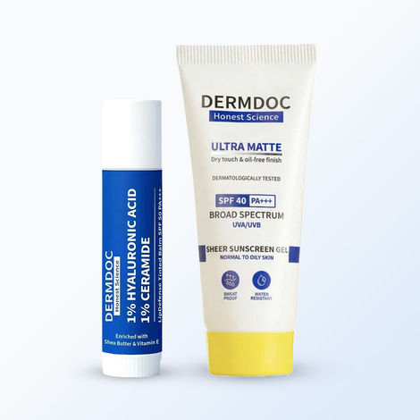Buy DermDoc All day Sun Protect Duo (SPF 40 Ultra Matte Sheer Sunscreen Gel-45 gm + Tinted Lip Balm SPF 50) Combo of 2-Purplle