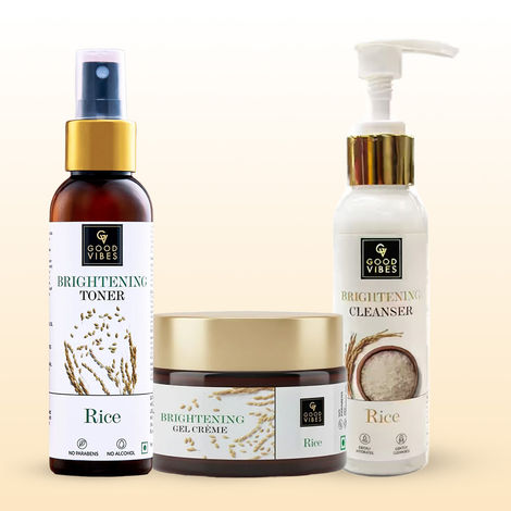 Buy Good Vibes Rice Brightening Combo (Rice Brightening Face Cleanser-120 gm + Rice Brightening Toner-120 ml + Rice Brightening Gel Creme-50 gm) Combo of 3-Purplle