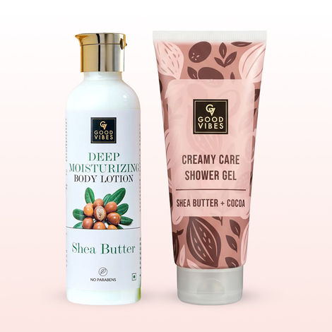 Buy Good Vibes Shea Butter Body Care Duo (Shea Butter & Cocoa Creamy Care Shower Gel-200 ml + Shea Butter Deep Moisturizing Body Lotion-200 ml Combo of 2-Purplle