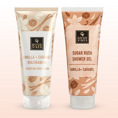Buy Good Vibes Vanilla & Caramel Body Care Duo (Vanilla & Caramel Sugar Rush Shower Gel-200 ml + Vanilla & Caramel Niacinamide Hydrating Body Lotion-200 ml) Combo of 2-Purplle