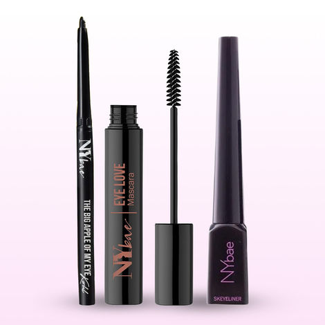 Buy NY Bae Smudgeproof Eye Combo (The Big Apple Of My Eyes Kohl Kajal-Black 0.30 gm+ Skeyeliner- Black Glossy Eyeliner 5 ml + Eye Love Curling Mascara-Intense Black 8 ml) Combo of 3-Purplle
