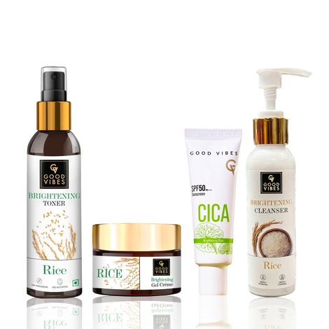 Buy Good Vibes Brightening CTMS Combo (Rice Brightening Face Cleanser-120 gm + Rice Brightening Toner-120 ml + Rice Brightening Gel Creme-50 gm + CICA Brightening Glow Sunscreen-50 gm) Combo of 4-Purplle
