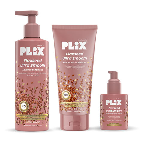 Buy PLIX Flaxseed Ultra Smooth Combo | Shampoo, Conditioner & Anti-Frizz Serum | Plant Keratin PF | Flaxseed Oil | Argan Oil | Smoothens Out Hair | Controls Frizz | For Men & Women - 200 ml + 175 ml + 50 ml (Combo of 3)-Purplle