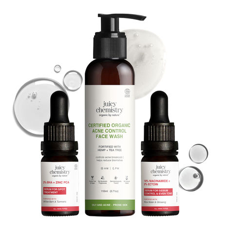 Buy Juicy Chemistry Clear Skin Routine: Hemp & Tea Tree Clarifying Facewash (110 ml) + 10% Niacinamide (10 ml) + 2% BHA & Zinc PCA (10 ml) | Reduces Acne Scars | Cleanses, Treats & Improves Skin | Combo of 3-Purplle