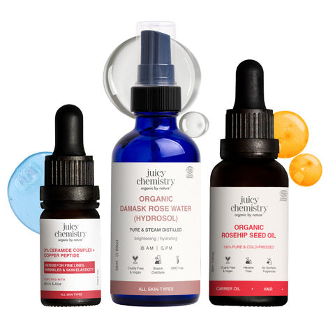Buy Juicy Chemistry Skin Barrier Repair & Glow Kit: Damask Rose Water (50 ml) + 3% Ceramide Complex + Copper Peptide (10 ml) + Rosehip Seed Oil (30 ml) | Hydrates, Nourishes & Improves Skin | Combo of 3-Purplle