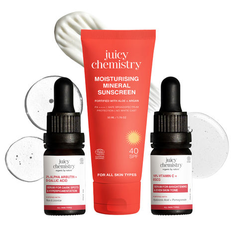 Buy Juicy Chemistry Depigmentation Kit: 10% Vitamin C & EGCG (10 ml) + Organic Mineral Sunscreen (50 gm) + 2% Alpha Arbutin & D-gallic Acid (10 ml) | Skin Brightening & Dark Spots Reduction | UV Protection | Combo of 3-Purplle