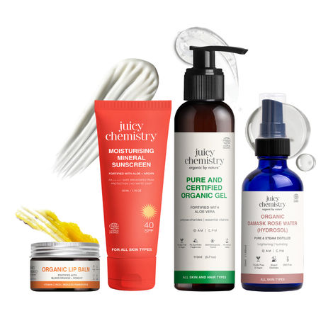 Buy Juicy Chemistry Summer & Sun Skin Rescue Kit | Damask Rose Water (50 ml) + Organic Mineral UV Protection Sunscreen (50 gm) + Organic Depigmentation Lip Balm (5 gm) + Aloe Vera Gel (110 ml) | Combo of 4-Purplle