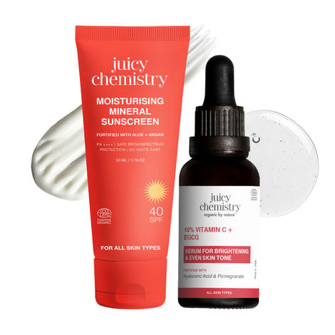 Buy Juicy Chemistry Sun Safe Combo: 10% Vitamin C & EGCG (30 ml) + Organic UV Protection Mineral Sunscreen (50 gm) | Sun Damage Prevention & Skin Brightening | Reduces Pigmentation & Dark Spots | Combo of 2-Purplle