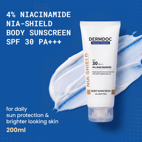 Buy DERMDOC 4% Nia Shield Body Sunscreen Lotion SPF 30 PA+++ | Niacinamide |Brightening Care | Body Lotion with SPF | Broad Spectrum UVA & UVB Protection | Anti-Tan & Even Tone | Lightweight Daily Wear |Non-Sticky Formula| All Skin Types | 200 ml-Purplle