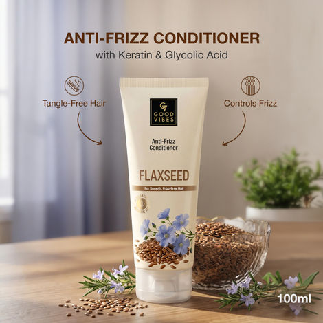Buy Good Vibes Flaxseed, Keratin & Glycolic Acid Anti-Frizz Conditioner | Smoothens Hair & Controls Frizz | Adds Shine & Improves Manageability | For Soft, Tangle-Free Hair | Suitable for All Hair Types | 100 ml-Purplle