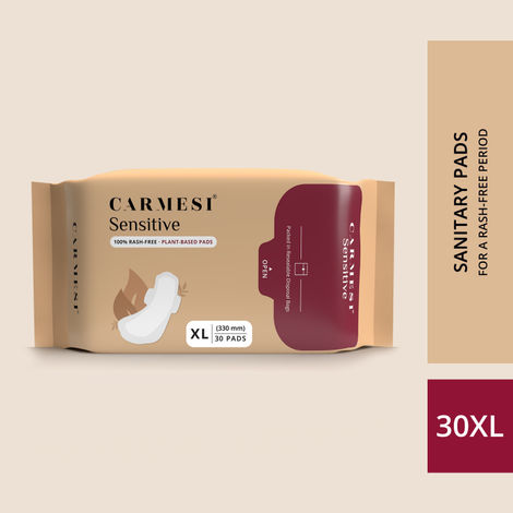 Buy Carmesi Sensitive Sanitary Pads - Pack of 30 Pads (XL) - Certified 100% Rash-Free by Gynecologist - Natural Plant Top Sheet - No Fragrance, No Chlorine - With Disposal Bags-Purplle