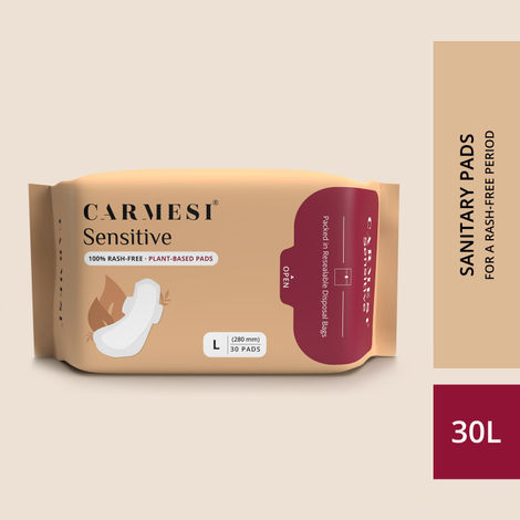 Buy Carmesi Sensitive Sanitary Pads - Pack of 30 Pads (Large) - Certified 100% Rash-Free by Gynecologist - Natural Plant Top Sheet - No Fragrance, No Chlorine - With Disposal Bags-Purplle