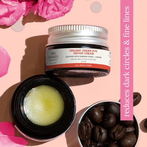 Buy Juicy Chemistry Organic Under Eye Repair Cream with Damask Rose & Coffee, 5 gm | Reduces Dark Circle & Fine Lines | Hydrating & Brightening Under Eye Cream | Soothes Puffy, Tired Eyes | Dermatologically Tested-Purplle