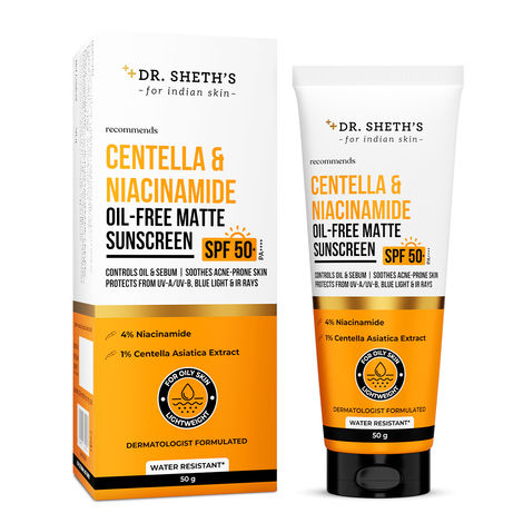 Buy Dr. Sheth's Centella & Niacinamide Oil-Free Matte Sunscreen SPF 50+ PA++++ |In-Vivo Tested | Controls Excess Oil & Sebum| Soothes Acne Prone Skin| Lightweight & Non Greasy For Men & Women | 50 gm-Purplle