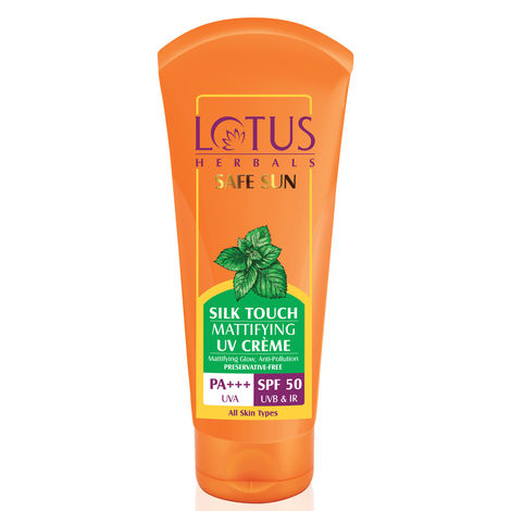Buy Lotus Herbals Safe Sun Silk Touch Mattifying UV Cream | SPF 50 | PA+++ | Matte Texture | Anti Pollution | Preservative Free | 75g-Purplle