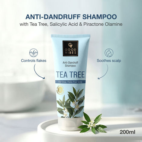 Buy Good Vibes Tea Tree, Salicylic Acid & Piroctone Olamine Anti-Dandruff Shampoo | Reduces Dandruff & Flakes | Soothes Itchy Scalp | Removes Oil & Buildup | Gentle Cleansing for Clean, Flake-Free Scalp | 200 ml-Purplle