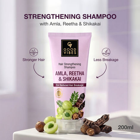 Buy Good Vibes Amla, Reetha & Shikakai Hair Strengthening Shampoo | Reduced Hair Breakage | Stronger, Healthier Hair | Gentle Cleansing for Smooth, Soft & Shiny Hair | 200 ml-Purplle