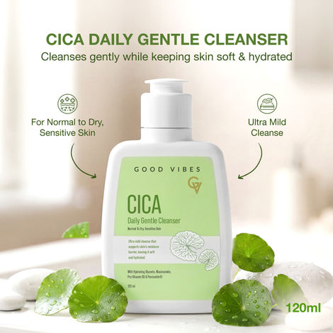 Buy Good Vibes Cica Daily Gentle Cleanser | Ultra Mild Hydrating Face Wash for Dry & Sensitive Skin | With Cica, Niacinamide & Hyaluronic Acid | Skin Barrier Support | Sulphate-Free | 120 ml-Purplle