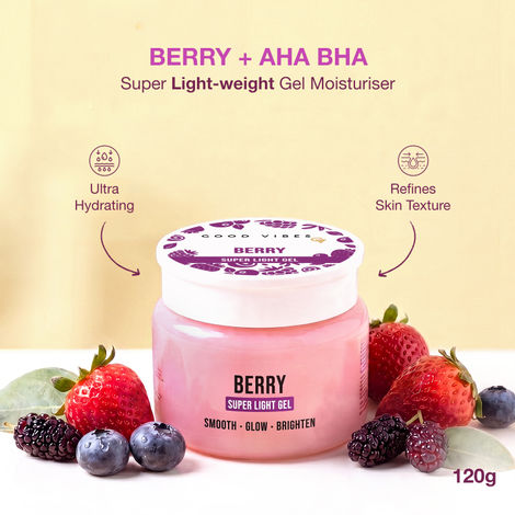 Buy Good Vibes Berry Super Light Gel Moisturiser | 6% Hydration Complex + AHA + BHA | Oil-Free Gel Moisturise | Lightweight Hydration for Smooth & Even-Looking Skin | Non-Sticky & Fast-Absorbing | 120 gm-Purplle