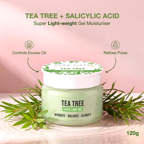 Buy Good Vibes Tea Tree Super Light Gel Moisturiser | Tea Tree, Salicylic Acid, 1% Niacinamide & 6% Hydration Complex | Oil-Free Lightweight Face Moisturizer for Oily & Acne-Prone Skin | Controls Excess Oil & Refines Pores | 120 gm-Purplle