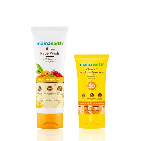 Buy Mamaearth Ubtan Natural Face Wash For All skin type For Tan Removal And Skin Brightening + Vitamin C Daily Glow Sunscreen with SPF 50 & PA+++ for Sun Tan Protection & Glow Skincare kit, Combo of 2-Purplle