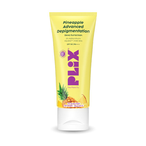 Buy PLIX Pineapple Dewy Sunscreen SPF 50 PA+++ | With SunCat DE™, 2% Alpha Arbutin & Aquaxyl™ | Broad Spectrum UVA/UVB Protection | Fades Dark Spots & Prevents Photoageing | 45 gm-Purplle
