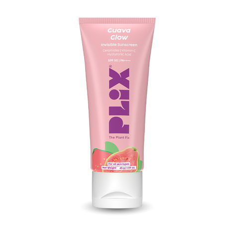 Buy PLIX Guava Glow Invisible Dewy Sunscreen SPF 50 PA+++ | With SunCat DE™, Vitamin C & Ceramide 11 | No White Cast | Hydrating & Brightening Sun Protection | 45 gm-Purplle