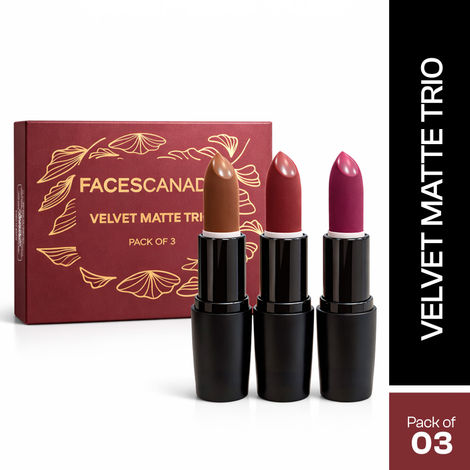Buy FACES CANADA Velvet Matte Trio | Velvetty Matte Finish | Long Lasting | Rich Pigment | Smudge - Proof | Smooth Finish | Nourishes & Keeps Lips Soft Pack of 3-Purplle