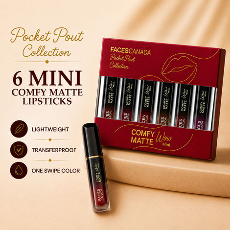 Buy Faces Canada Comfy Matte Wow Mini Liquid Lipstick Kit |Pack of 6 | Pocket Pout Collection | Lightweight Soft Matte Finish | One Swipe Color Payoff | Transferproof Formula-Purplle