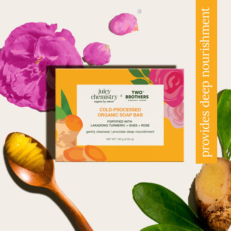 Buy Juicy Chemistry x Two Brothers Organic Farms Lakadong Turmeric, Ghee & Rose Organic Soap Bar, 100 gm | Cold-Processed Bath Soap for Face & Body | Deeply Nourishing & Hydrating | Gentle Cleanser | Healthy Looking Skin-Purplle