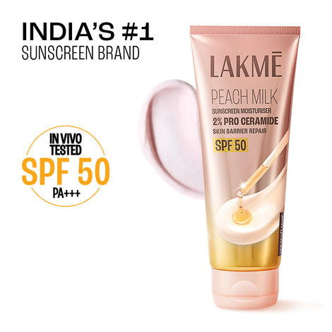 Buy Lakme Peach Milk SPF 50 Sunscreen Moisturiser with 2% Pro-Ceramides & Peptides | 100 gm-Purplle