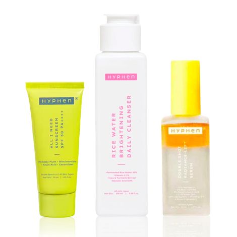 Buy Hyphen Radiance Serum + Brightening Sunscreen + Rice Water Cleanser,Skincare Kit, Combo of 3-Purplle