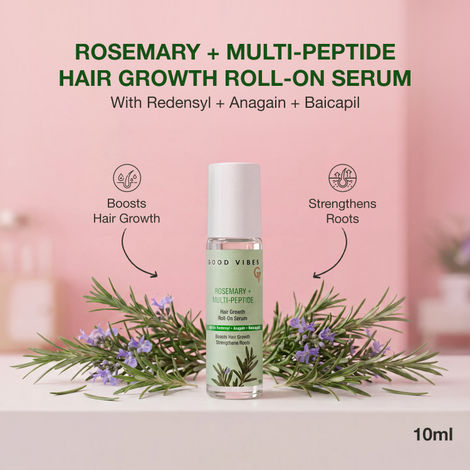 Buy Good Vibes Rosemary + Multi - Peptide Hair Growth Roll On Serum | Infused With 4% Anagain & 3% Redensyl | Helps Reduces Hair Fall, Promotes Hair Growth | Stimulates Follicles & Strengthens Roots | Suitable for All Hair Types | 10 ml-Purplle