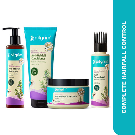 Buy Pilgrim Spanish Rosemary & Biotin Anti-Hairfall (Shampoo, Conditioner, hair mask, Oil) upto 95% Strong & Healthy Hair for All Hair Type, Combo of 4-Purplle