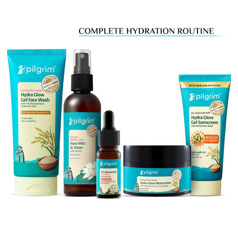 Buy Pilgrim Complete Korean Hydration Kit- Facewash, Toner, Serum, Moisturizer & Sunscreen For Healthy Skin, Combo of 5-Purplle