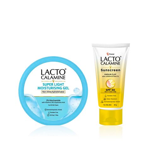 Buy Lacto Calamine Super Light Moisturizer + SPF 50 Sunscreen Combo | Niacinamide, Hyaluronic Acid & Kaolin Clay | 300% Hydration, Oil Control & Sun Protection | Lightweight, Non-Greasy Skincare Duo (Moisturizer 150 gm + Sunscreen 50 gm) - Combo of 2-Purplle