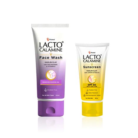 Buy Lacto Calamine Face Wash for Oily Skin + SPF 50 Sunscreen Combo | Kaolin Clay, Niacinamide & Vitamin E | Oil Control, Pimple Protection & Sun Defense | Water Resistant, No White Cast Skincare Duo (Face Wash 100 ml + Sunscreen 50 gm) - Combo of 2-Purplle