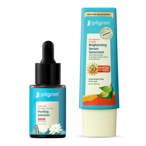 Buy Pilgrim Glow & Protect Combo Face Peeling Soltuion and Vitamin C InVivo Tested SPF 50++++ Sunscreen Combo of 2-Purplle
