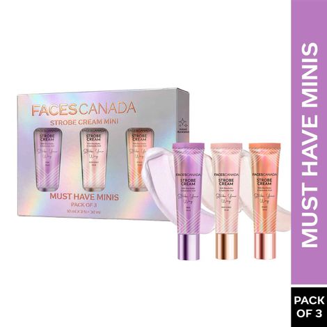 Buy FACES CANADA Strobe Cream - Must Have Minis (10 ml x 3) | Rose Gold + Pink + Peach | Primer + Highlighter + Moisturizer | Shea Butter & Hyaluronic Acid | Intense Hydration | Flawless Radiant Dewy Skin | Illuminating & Glowing Makeup Base | Pack of 3-Purplle