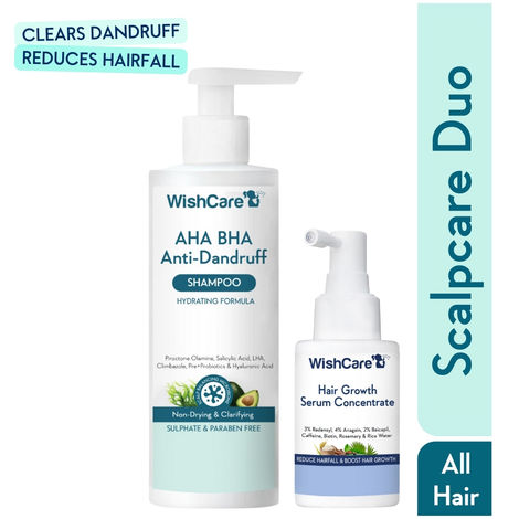 Buy WishCare Scalp Care Duo | Hair Growth Serum Concentrate & AHA BHA Anti Dandruff Hydrating Shampoo | In-Vivo Tested-Boost Hair Growth and Reduces Hair Fall | Eliminates Dandruff and Scalp Flakes - Combo of 2-Purplle