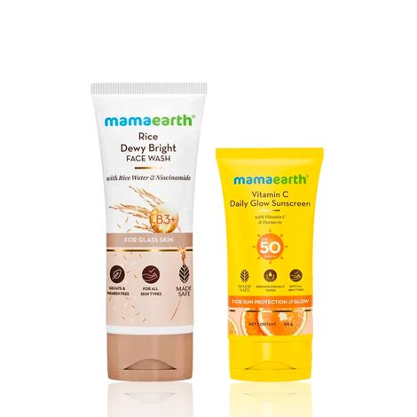 Buy Mamaearth Rice Face Wash With Rice Water & Niacinamide for Glass Skin + Vitamin C Daily Glow Sunscreen with SPF 50 & PA+++ for Sun Tan Protection & Glow, Skincare kit, Combo of 2-Purplle