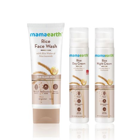 Buy Mamaearth Glass Skin AM PM Routine: Rice Face Wash (100 ml) + Rice Day Cream (50 gm) + Rice Night Cream (50 gm)-Purplle