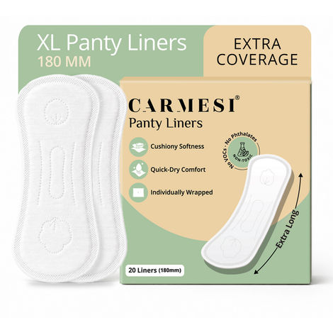Buy Carmesi XL Panty Liners - Pack of 20 | 180 mm | Extra Coverage | Cushiony Soft Feel | Protection Against Light Spotting, Vaginal Discharge & Incontinence | Keeps You Fresh & Dry All Day | No Phthalates, No VOCs, Unscented-Purplle