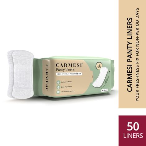 Buy Carmesi Panty Liners - 50 Pieces | Cushiony Soft | Protect against Spotting & Light Discharge | End-To-End Sticking | Keep You Fresh & Dry All-Day Long | Non-Toxic & Unscented-Purplle