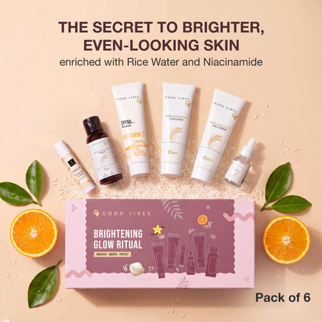 Buy Good Vibes Brightening Glow Ritual Kit For Korean Glass Skin | Rice Water, 10% Niacinamide & Vitamin C | | Face Cleanser (30 ml), Toner(30 ml), Gel Creme(25 gm), Face Serum(5 ml), SPF 50 Sunscreen(30 gm) & Lip Balm(4 gm) | Pack of 6-Purplle