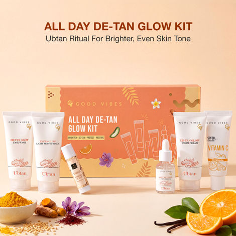 Buy Good Vibes All Day De-Tan Glow Kit | Ubtan for Instant Glow & De-Tan Care kit | for Bright, Even & Tan-Free Skin | SPF 50 Sun Protection | Complete Daily Ubtan Ritual| All Skin Types Pack of 6-Purplle